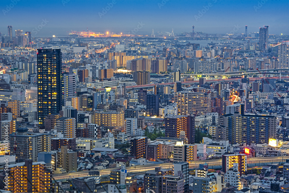 Top view city night view landscape of Osaka,Japan Top view city night view landscape of Osaka,Japan