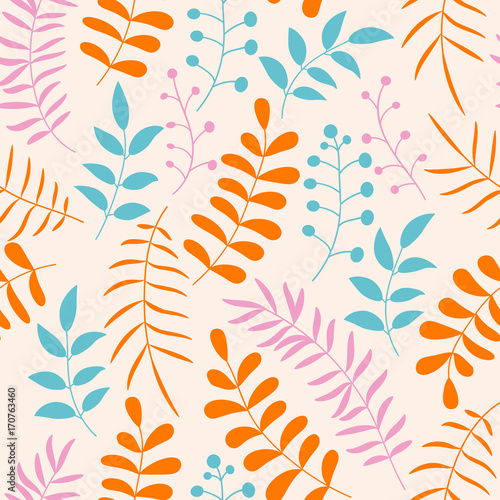 Cute colorful floral seamless pattern with branches and leaves. Doodle forest background. Vector illustration.