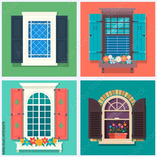 Set of detailed various colorful windows with windowsills, shutters, curtains, and flowerspot Vector illustration