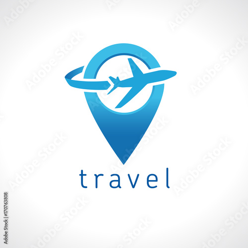 Air travel company map pointer logo template. Airport and travel agency location on map logo concept. Holiday tour on plane icon vector