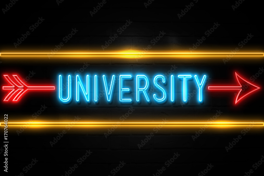 University  - fluorescent Neon Sign on brickwall Front view