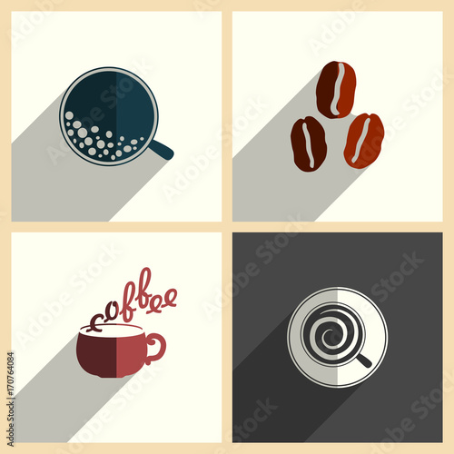 Coffee set of flat icons with shadow. Vector illustration