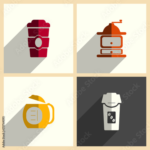 Coffee set of flat icons with shadow. Vector illustration