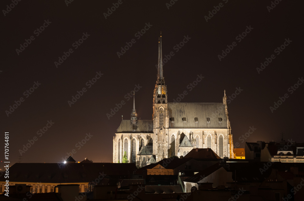 Night photo of cathedral at Brno, Czech republic