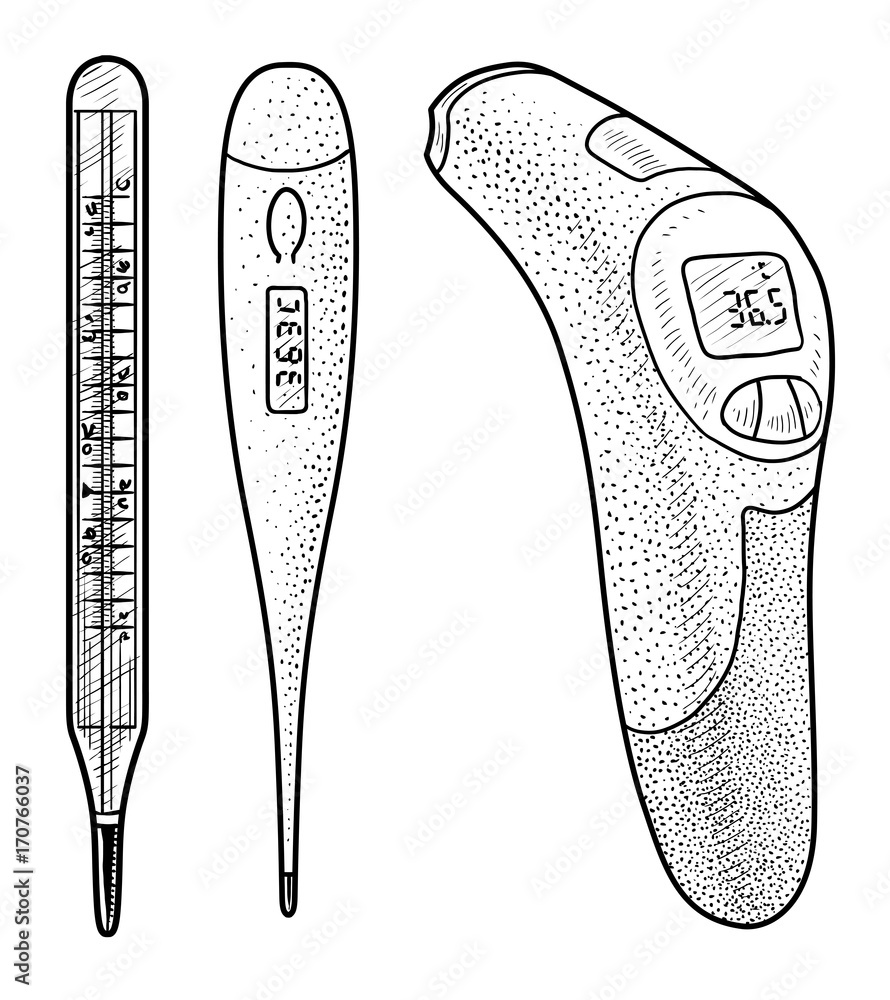 Medical thermometer illustration, drawing, engraving, ink, line art, vector  Stock Vector | Adobe Stock