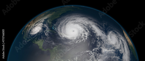 Fototapeta Naklejka Na Ścianę i Meble -  Extremely detailed and realistic high resolution 3d illustration of 3 hurricanes approaching the Caribbean Islands and Florida. Shot from Space. Elements of this image are furnished by Nasa.