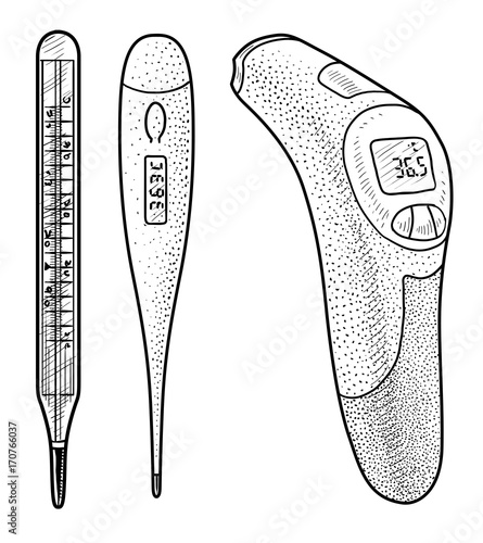 Medical thermometer illustration, drawing, engraving, ink, line art, vector