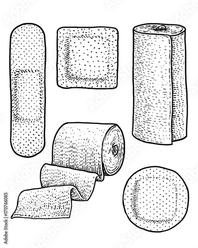 Plaster, bandage, illustration, drawing, engraving, ink, line art, vector