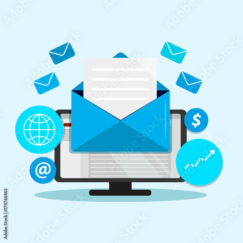 Email marketing campaign, newsletter marketing, drip marketing, email marketing flat banner concept with icons. Illustration