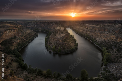 Warm sunset over Hoces del Duraton river