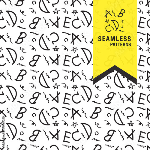 English alphabet Retro memphis pattern- seamless background. Fashion 80-90s. Black and white mosaic texture. It can be used in printing packaging, website backdrop and fabric design.