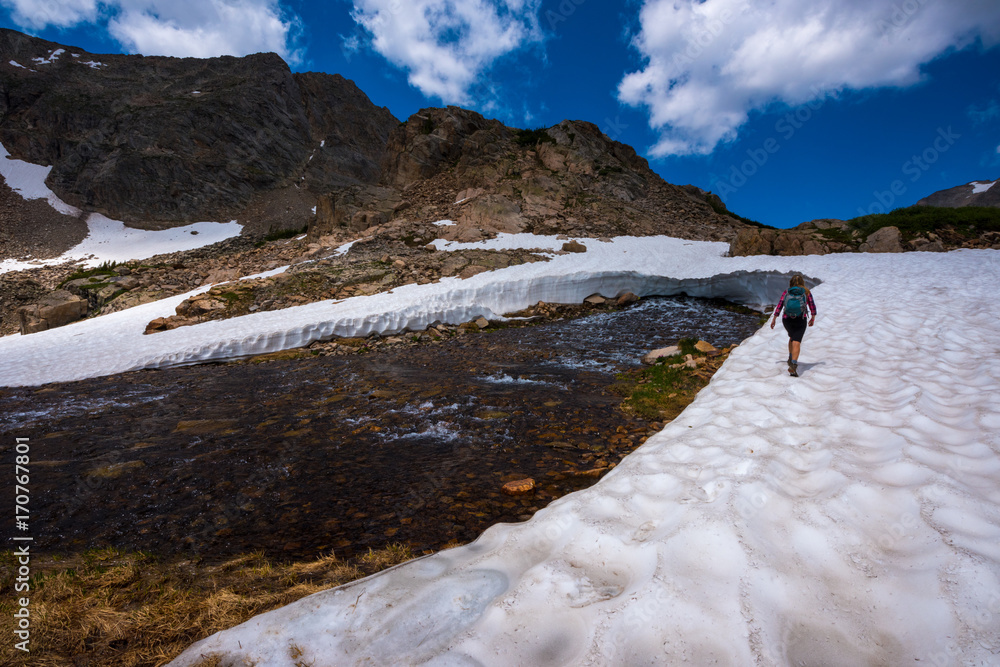 Backpacker on Mt Toll trail Below Blue Lake Colorado