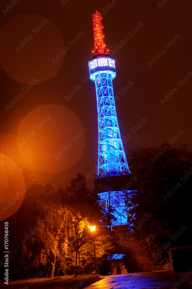 Lighting Petrin lookout tower in Prague at night