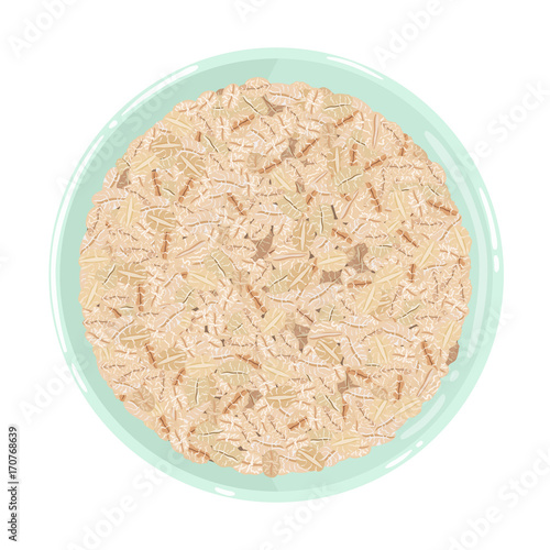 Oat flakes in a bowl, top view. Healthy natural breakfast. Portion of oats in a bowl isolated over white. Vector hand drawn illustration.