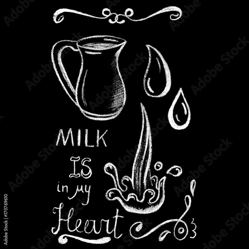 Milk pitcher white chalk on blackboard. Coffee shop or cafe menu handdrawn illustration and lettering.