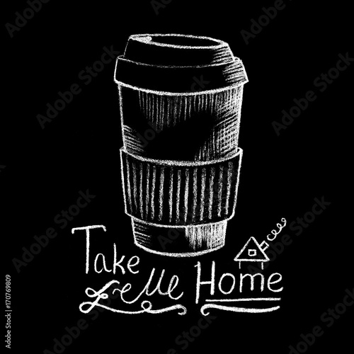 Paper coffee cup white chalk on blackboard. Coffee shop or cafe menu handdrawn illustration and lettering.