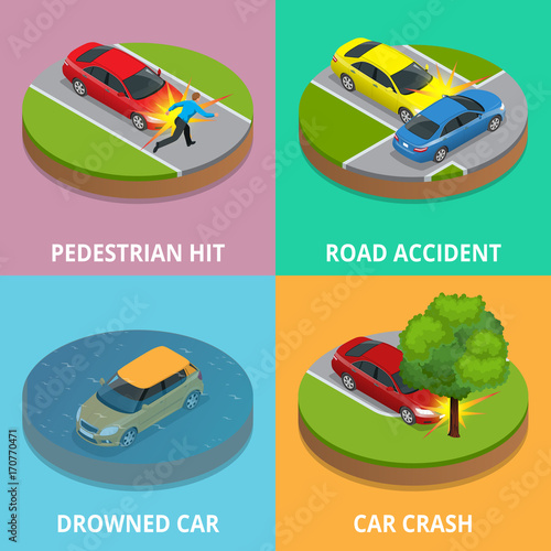 Isometric pedestrian hit, road accident, drowned car and car crash concept. Car crash template vector flat style. Used for workflow layout, game, diagram, number options, web design and infographics