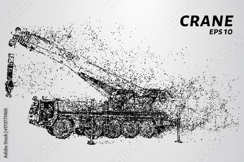 Mobile crane consists of dots and circles. The crane wind blows the particles. Vector illustration.