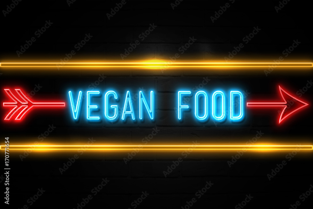 Vegan Food  - fluorescent Neon Sign on brickwall Front view