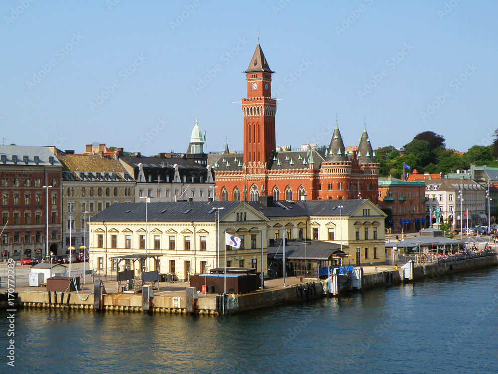Stunning Helsingborg City Hall( Radhuset ) and Helsingborg Harbour View from the Ferry, Helsingborg, Sweden