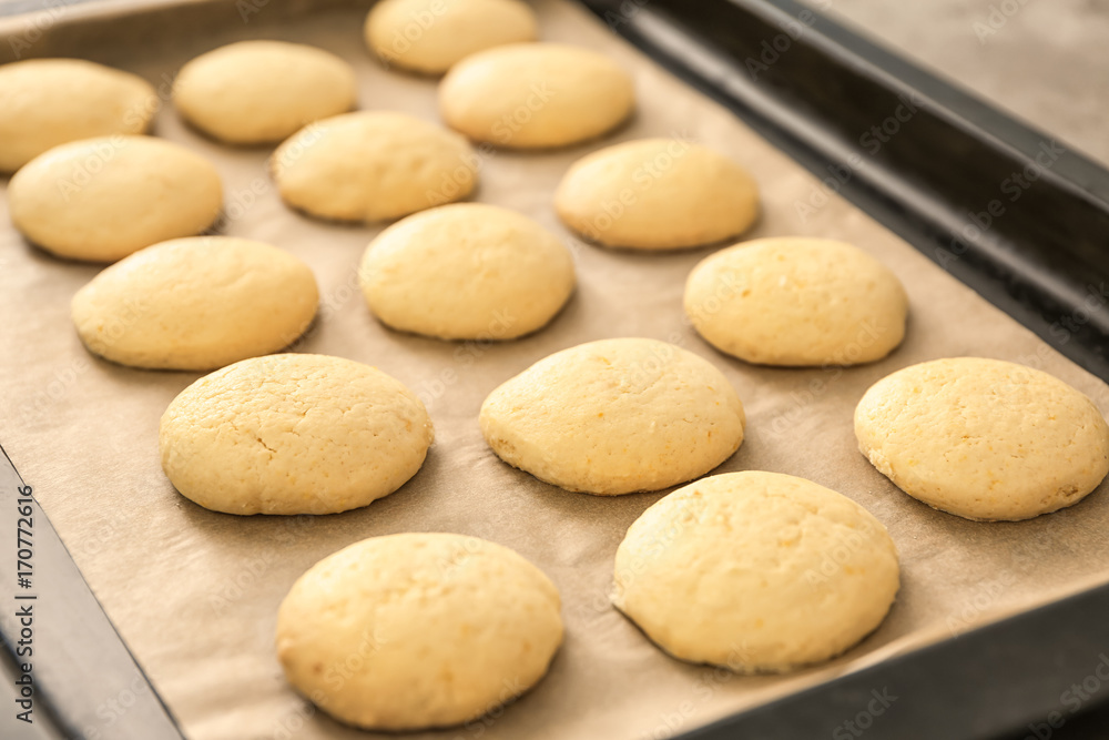 Homemade cookies with lemon flavor on baking tray Homemade cookies with lemon flavor on baking tray