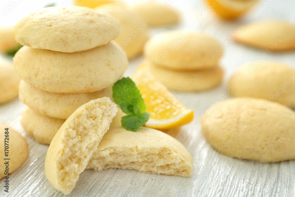 Homemade cookies with lemon flavor on wooden table