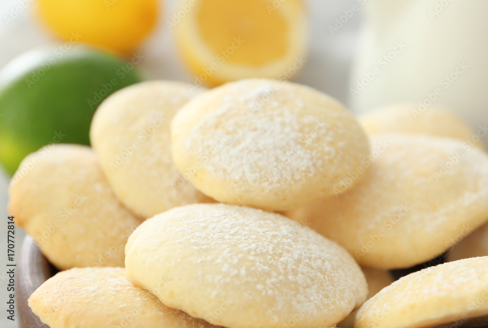 Homemade lemon cookies on table, closeup