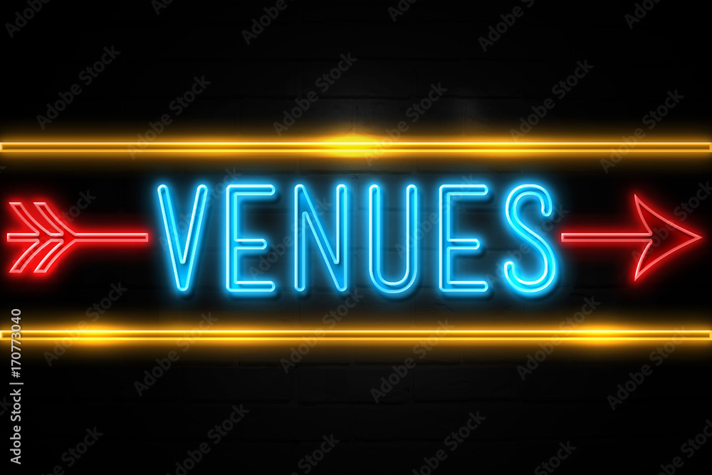 Venues  - fluorescent Neon Sign on brickwall Front view