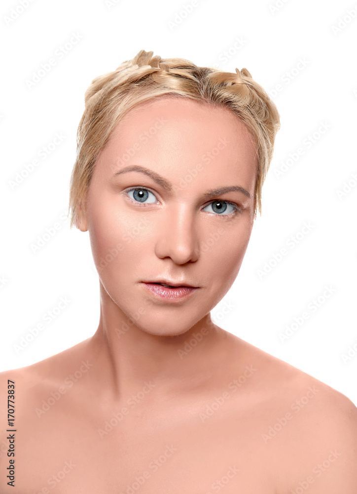 Young woman with natural makeup isolated on white Young woman with natural makeup isolated on white