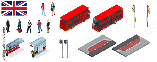 Isometric set of London double decker Red bus and bus stop. United Kingdom vehicle icon set. 3D flat vector illustration. The traditional red Routemaster has become a famous feature of London