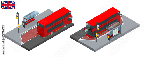 Isometric set of London double decker Red bus and bus stop. United Kingdom vehicle icon set. 3D flat vector illustration. The traditional red Routemaster has become a famous feature of London