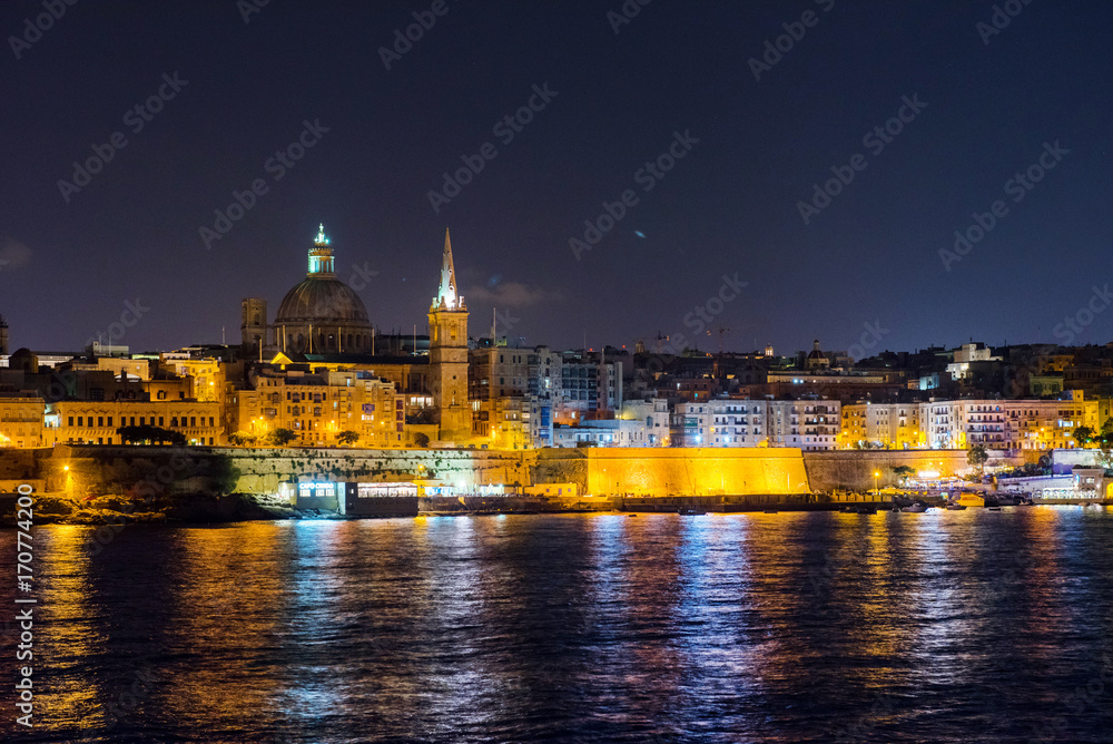 Valletta at night. View from Sliema. Malta