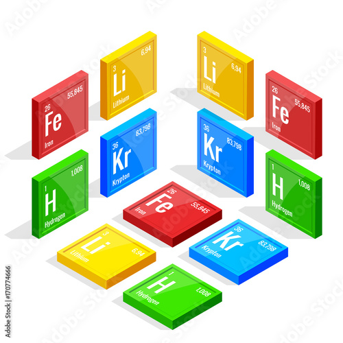 Isometric set of elements of the periodic table Mendeleev s Periodic Table. Vector illustration lithium, iron, krypton, hydrogen