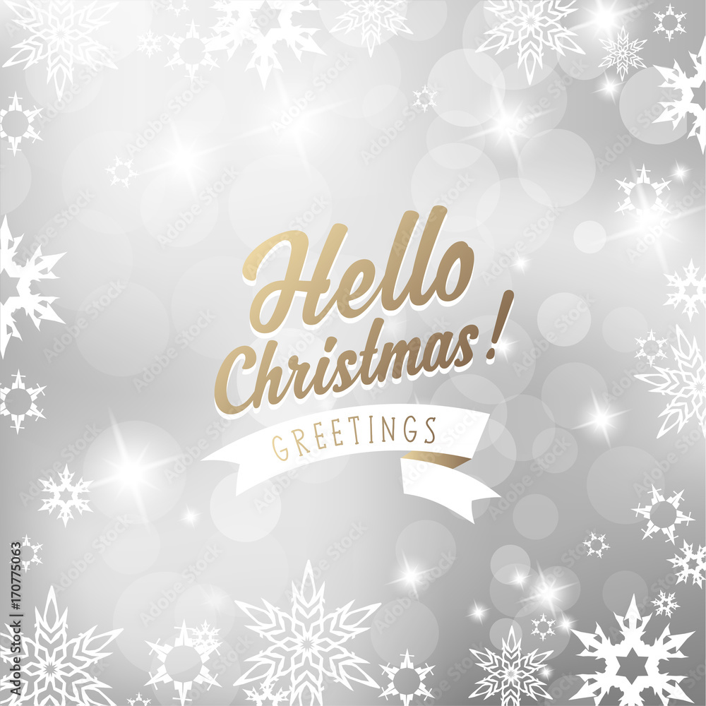 Christmas silver background with snowflakes and Hello Christmas text - square version