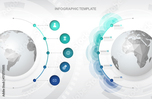 Infographic template with five circles and icons line up beside polygonal maps - light version.
