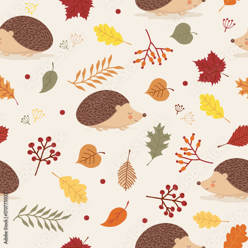 Seamless Autumn Pattern with Leaves and Hedgehog. 