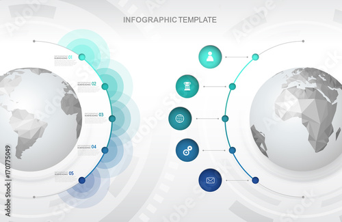 Infographic template with five circles and icons line up beside polygonal maps - light version.