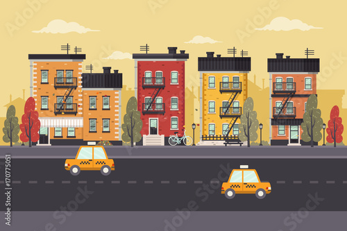 Autumn in Brooklyn with Colorful Brick Buildings. Flat Design Style. 