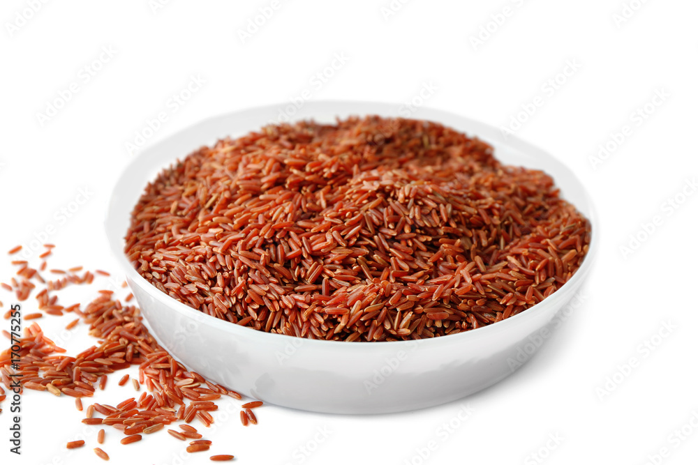 Bowl with jasmine brown rice on white background Bowl with jasmine brown rice on white background