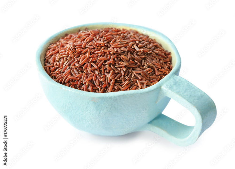Cup with jasmine brown rice on white background Cup with jasmine brown rice on white background
