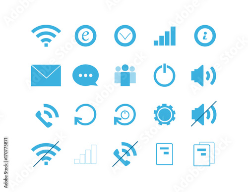 Set of twenty blue interface outline icons for web, infographic and mobile apps isolated on white background. Vector illustration.