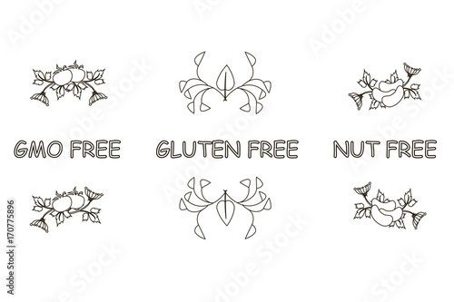 Set of monochrome typography banner with tipping Gluten free, GMO free, Nut free for product design stock vector illustration