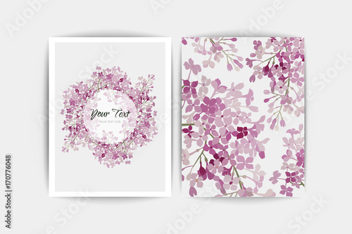 Floral purple lilac on white background. Wedding invitation card. Vector composition of pink flowers illustration. Save the date.