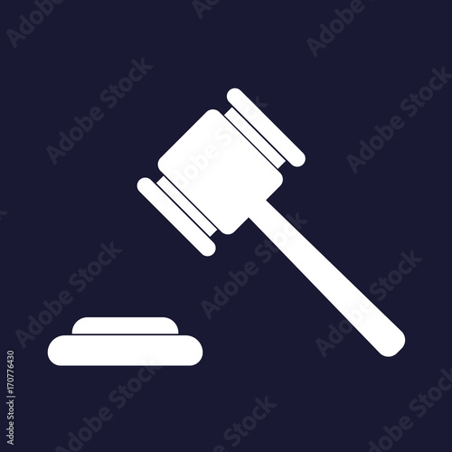 Vector image of a judge gavel court hammer. Vector icon of a hammer of justice. Auction Vector illustration. Vector white icon on dark blue background
