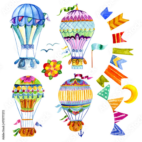 Air balloon and a garland of flags watercolor.