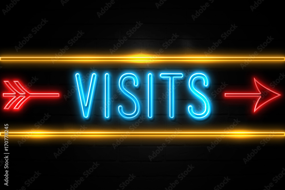 Visits - fluorescent Neon Sign on brickwall Front view Visits - fluorescent Neon Sign on brickwall Front view