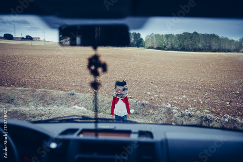 Child in scarecrow mask on field