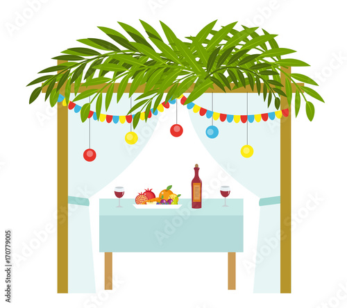 Sukkah for the Sukkot holiday. Jewish tent to celebrate. Isolated on white background. Vector illustration