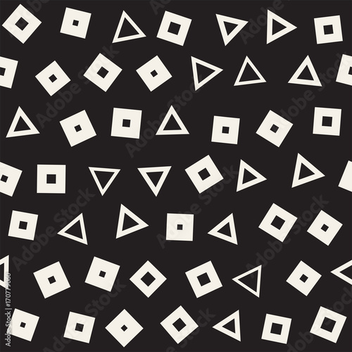 Seamless primitive jumble minimalism patterns. Randomly scattered geometric shapes. Abstract background design