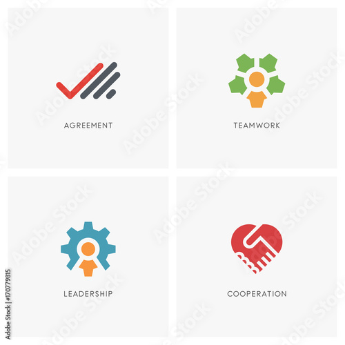 Teamwork logo set. Palm with checkmark, head with colleagues and gear wheel symbol, two hands make a deal and heart shape - business contract, cooperation, handshake and partnership icons.